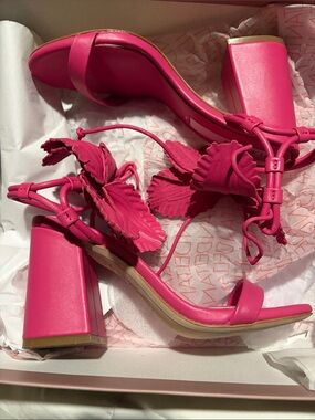 Fuchsia Block Heel Sandals with Floral Tie Straps